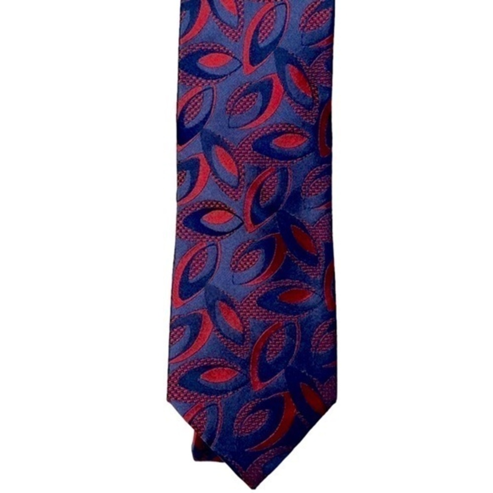PAUL FREDRICK blue & red silk modern geometric print skinny tie